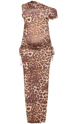 Maternity Leopard Print Slinky Ruched Detail Maxi Dress