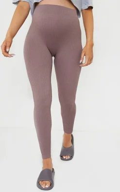 Maternity Mauve Contour Bump Support Ribbed Leggings