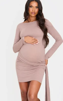 Maternity Mocha Brushed Tie Front Mini Dress