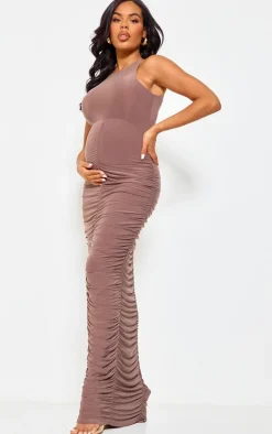 Maternity Mocha Slinky Sleeveless Ruched Maxi Dress