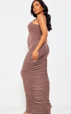 Maternity Mocha Slinky Sleeveless Ruched Maxi Dress