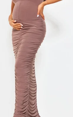 Maternity Mocha Slinky Sleeveless Ruched Maxi Dress