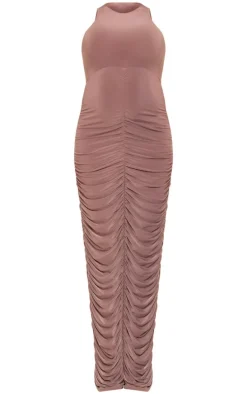 Maternity Mocha Slinky Sleeveless Ruched Maxi Dress