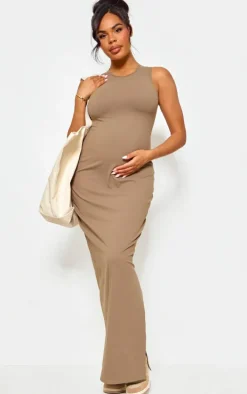 Maternity Mocha Snatched Sculpt Racer Bodycon Maxi Dress