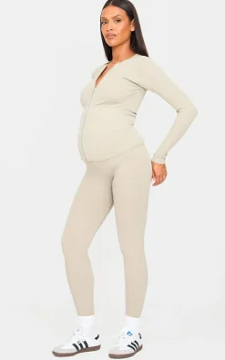 Maternity Moss Sand Ribbed Zip Up Cardigan