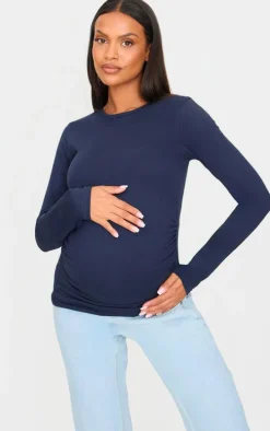 Maternity Navy Crew Neck Long Sleeve Fitted Top