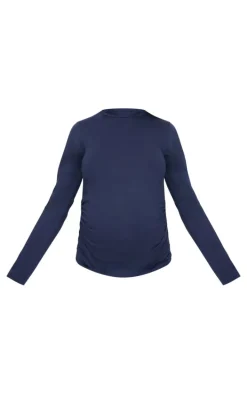 Maternity Navy Crew Neck Long Sleeve Fitted Top