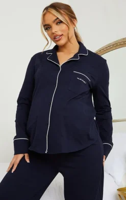 Maternity Navy Mama Long Sleeve Button Up PJ Top