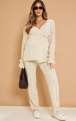 Maternity Oatmeal Cable Knit Wide Leg Flare
