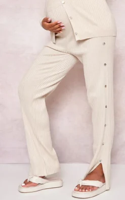 Maternity Oatmeal Knitted Button Detail High Waisted Flare Pants