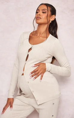 Maternity Oatmeal Knitted Button Detail Long Sleeve Cardigan