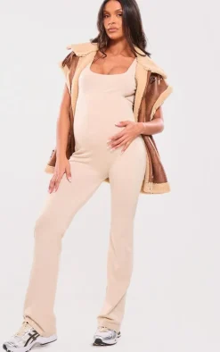 Maternity Oatmeal Knitted Square Neck Jumpsuit