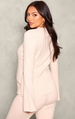 Maternity Oatmeal Rib Knit Button Detail Long Sleeve Top