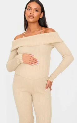 Maternity Oatmeal Rib Knit Bardot Long Sleeve Top