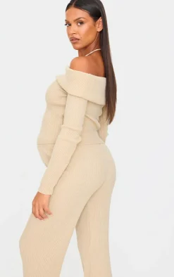 Maternity Oatmeal Rib Knit Bardot Long Sleeve Top