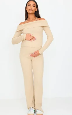 Maternity Oatmeal Rib Knit Bardot Long Sleeve Top