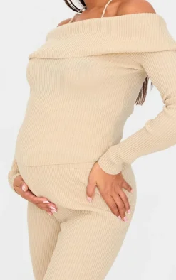 Maternity Oatmeal Rib Knit Bardot Long Sleeve Top
