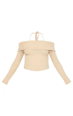 Maternity Oatmeal Rib Knit Bardot Long Sleeve Top