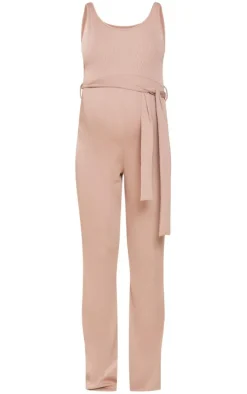 Maternity Oatmeal Ribbed Tie Waist Jumpsuit