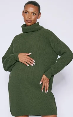 Maternity Olive Khaki High Neck Oversized Sweater Dress