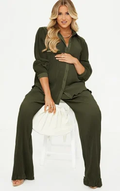 Maternity Olive Plisse High Waisted Wide Leg Pants