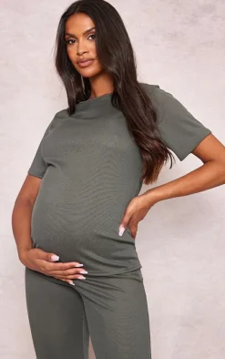 Maternity Olive Rib Oversized Short Sleeved T Shirt