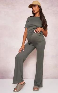 Maternity Olive Rib Wide Leg Flared Pants