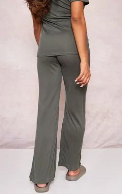 Maternity Olive Rib Wide Leg Flared Pants