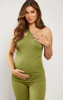 Maternity Olive Snatched Rib Halterneck Diamante Top