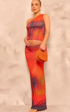 Maternity Orange Print One Shoulder Top