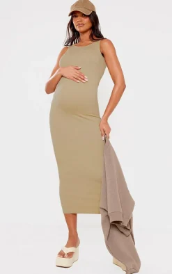 Maternity Pale Khaki Snatched Rib Scoop Neck Bodycon Maxi Dress