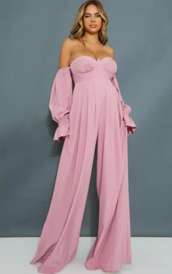 Maternity Pink Corset Detail Bardot Wide Leg Jumpsuit