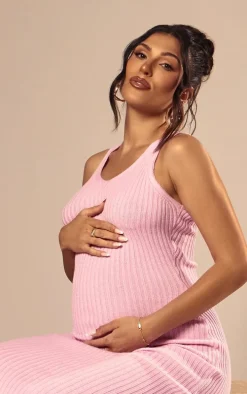 Maternity Pink Knitted V Neck Midi Dress