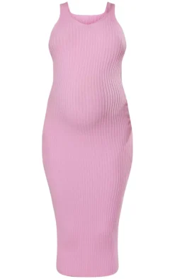Maternity Pink Knitted V Neck Midi Dress