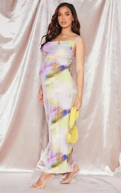 Maternity Purple Watercolour Plisse Midaxi Dress