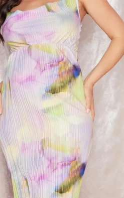 Maternity Purple Watercolour Plisse Midaxi Dress