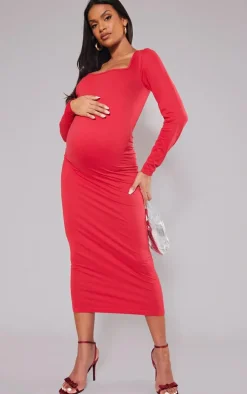 Maternity Red Stretch Seamless Long Sleeve Midaxi Dress