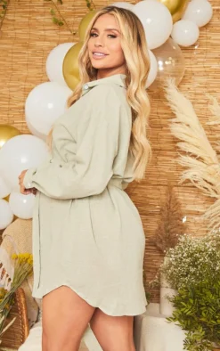 Maternity Sage Green Checked Oversized Tie Waist Shirt Dress