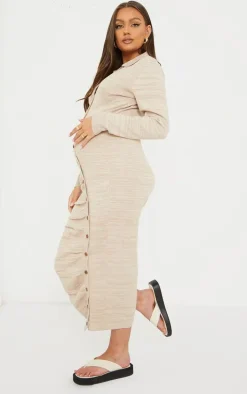 Maternity Stone Knitted Asymmetric Buttons Ruched Bump Midi Dress