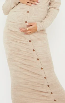 Maternity Stone Knitted Asymmetric Buttons Ruched Bump Midi Dress