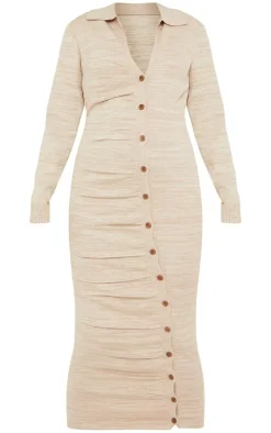 Maternity Stone Knitted Asymmetric Buttons Ruched Bump Midi Dress