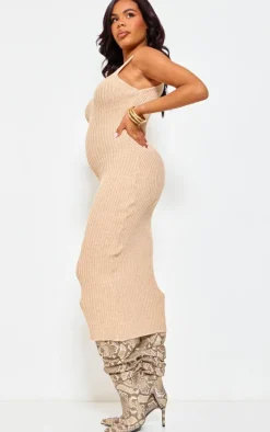 Maternity Stone Knitted V Neck Midi Dress