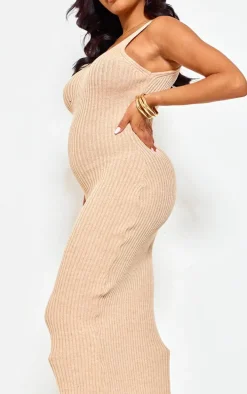 Maternity Stone Knitted V Neck Midi Dress