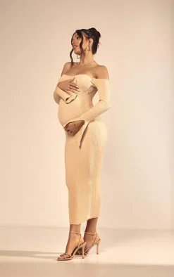 Maternity Stone Off The Shoulder Contrast Knit Midaxi Dress
