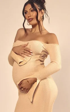 Maternity Stone Off The Shoulder Contrast Knit Midaxi Dress