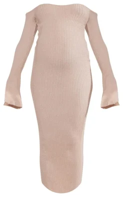Maternity Stone Off The Shoulder Contrast Knit Midaxi Dress