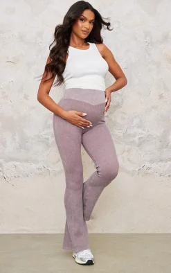 Maternity Taupe Faded Snatched Rib Fold Over Waistband Flare Pants