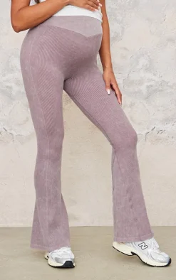 Maternity Taupe Faded Snatched Rib Fold Over Waistband Flare Pants