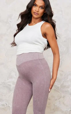 Maternity Taupe Faded Snatched Rib Fold Over Waistband Flare Pants