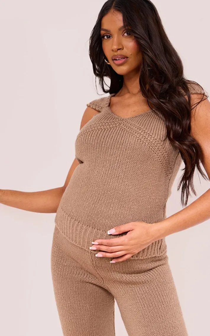 Maternity Taupe Short Sleeve Knitted Top